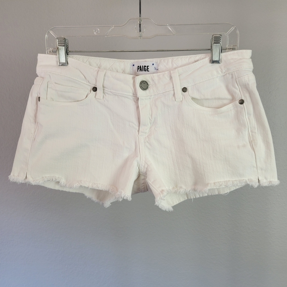 PAIGE // white raw hem mid rise slight stretch denim cut-off shorts